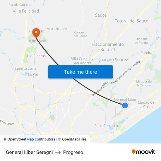 General Líber Seregni to Progreso map