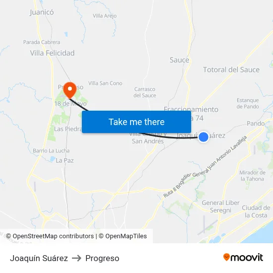 Joaquín Suárez to Progreso map