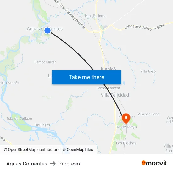 Aguas Corrientes to Progreso map