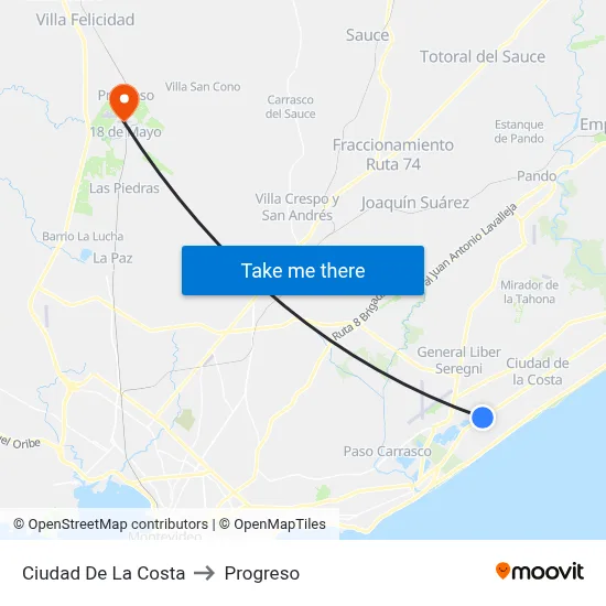 Ciudad De La Costa to Progreso map