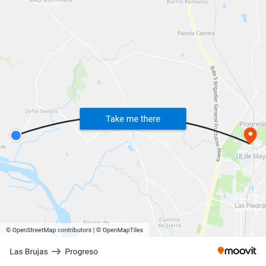 Las Brujas to Progreso map