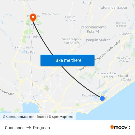 Canelones to Progreso map