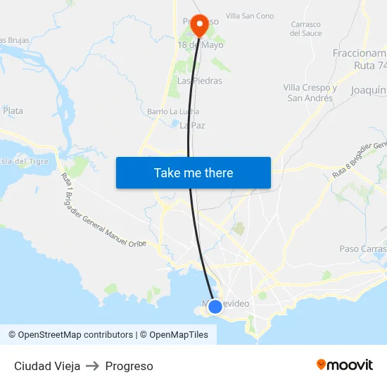 Ciudad Vieja to Progreso map