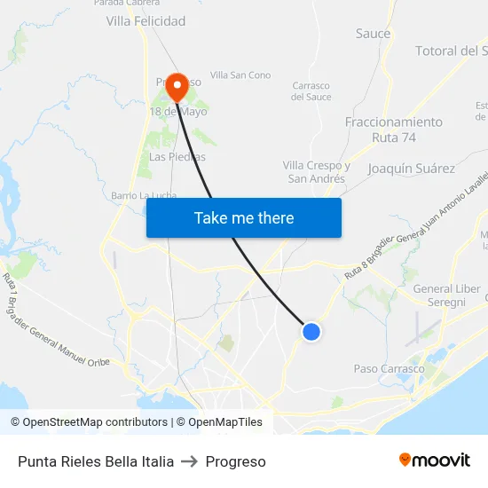 Punta Rieles Bella Italia to Progreso map