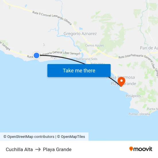 Cuchilla Alta to Playa Grande map