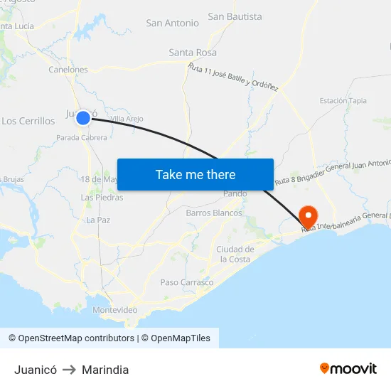 Juanicó to Marindia map