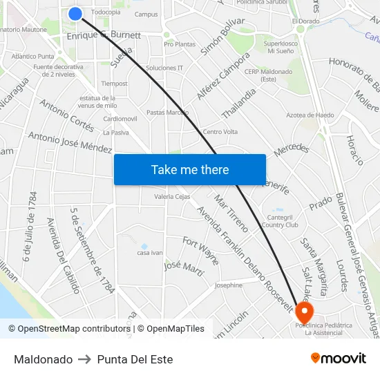 Maldonado to Punta Del Este map