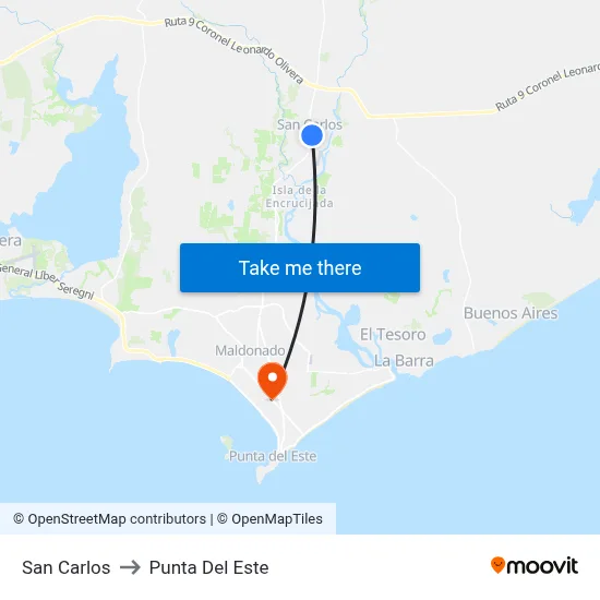 San Carlos to Punta Del Este map