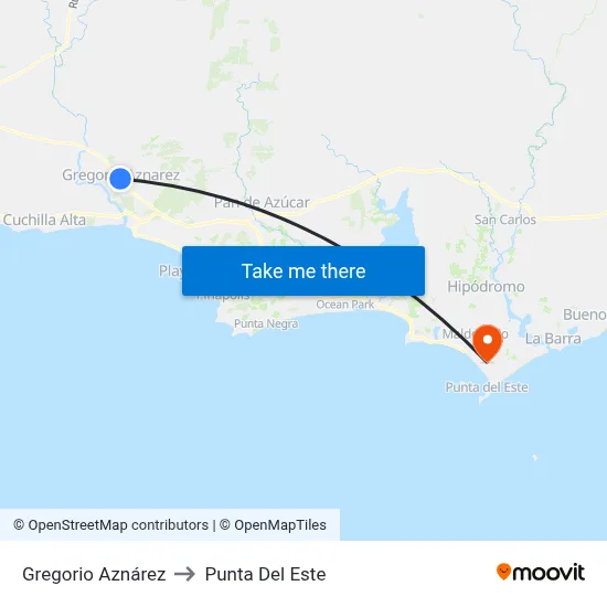 Gregorio Aznárez to Punta Del Este map