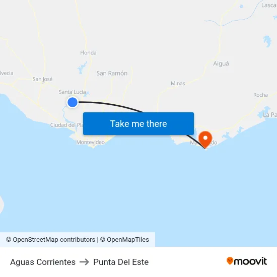 Aguas Corrientes to Punta Del Este map