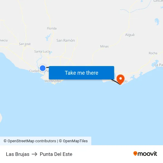 Las Brujas to Punta Del Este map