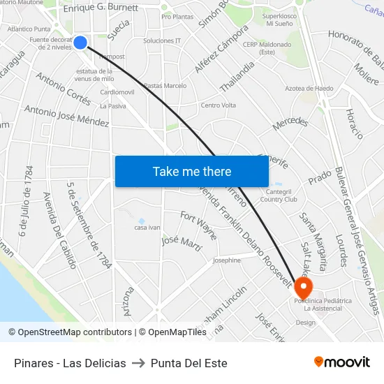 Pinares - Las Delicias to Punta Del Este map