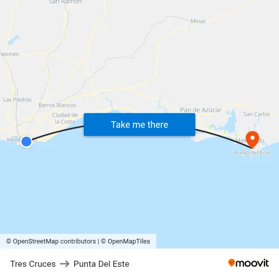 Tres Cruces to Punta Del Este map