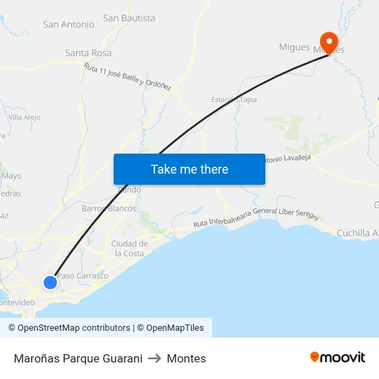 Maroñas Parque Guarani to Montes map