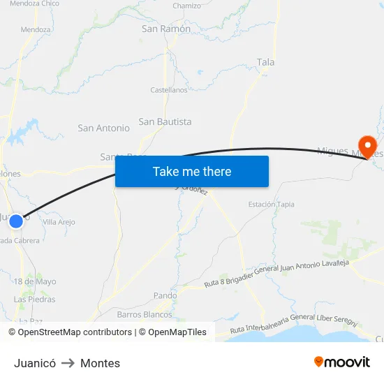 Juanicó to Montes map