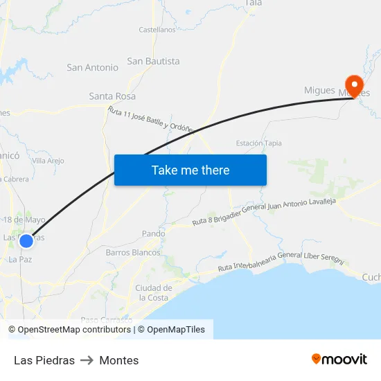 Las Piedras to Montes map