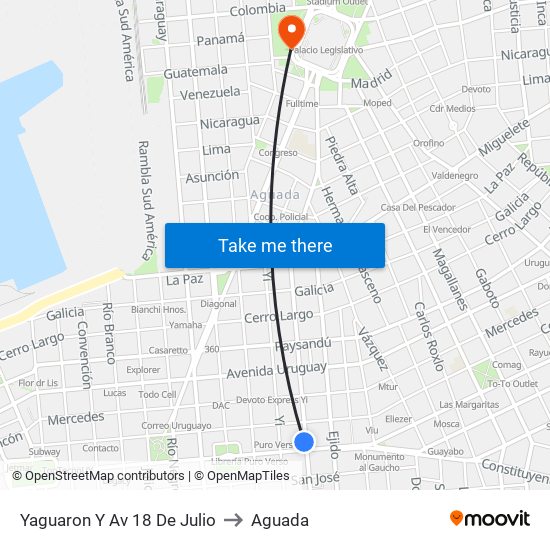 Yaguaron Y Av 18 De Julio to Aguada map