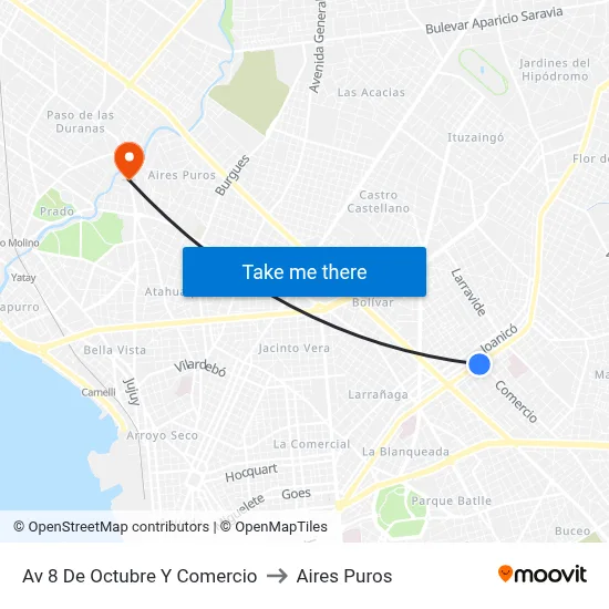 Av 8 De Octubre Y Comercio to Aires Puros map