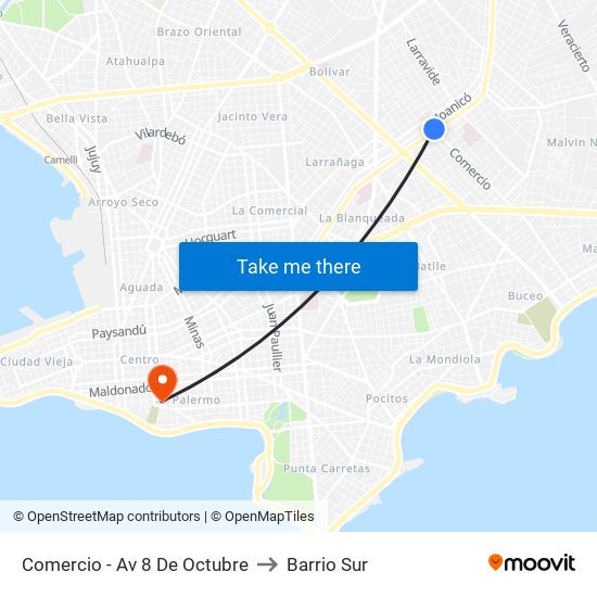 Comercio - Av 8 De Octubre to Barrio Sur map