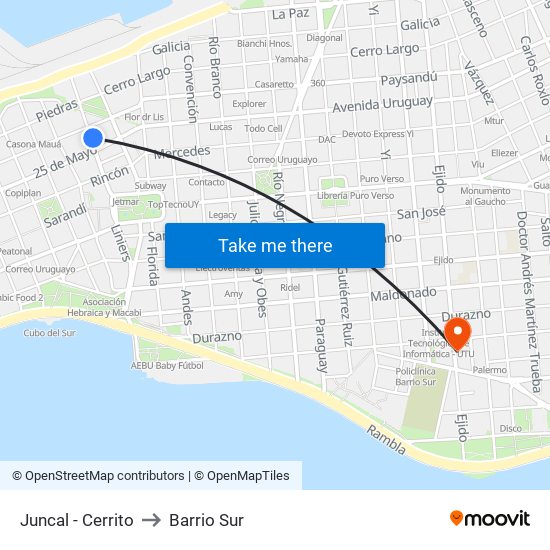 Juncal - Cerrito to Barrio Sur map