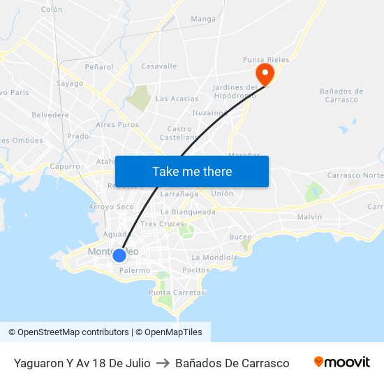 Yaguaron Y Av 18 De Julio to Bañados De Carrasco map