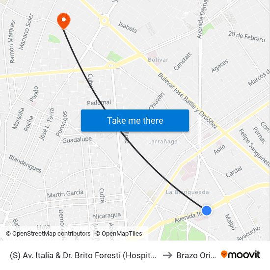 (S) Av. Italia & Dr. Brito Foresti (Hospital De Clinicas) to Brazo Oriental map