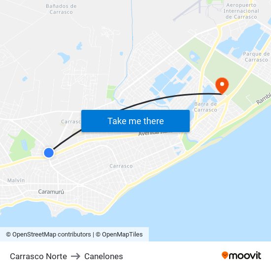 Carrasco Norte to Canelones map