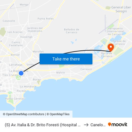 (S) Av. Italia & Dr. Brito Foresti (Hospital De Clinicas) to Canelones map