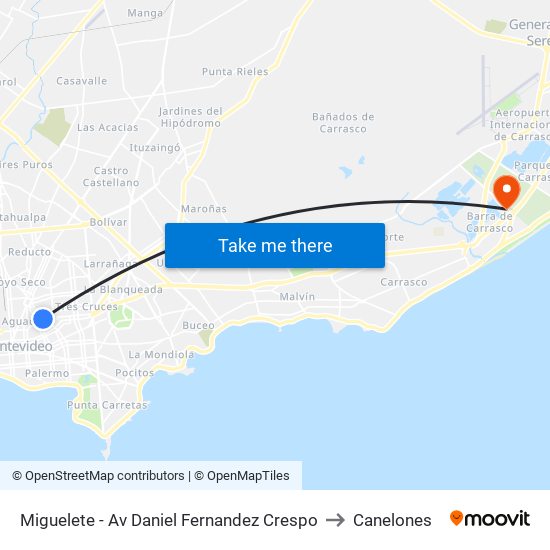 Miguelete - Av Daniel Fernandez Crespo to Canelones map