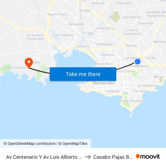 Av Centenario Y Av Luis Alberto De Herrera to Casabo Pajas Blancas map
