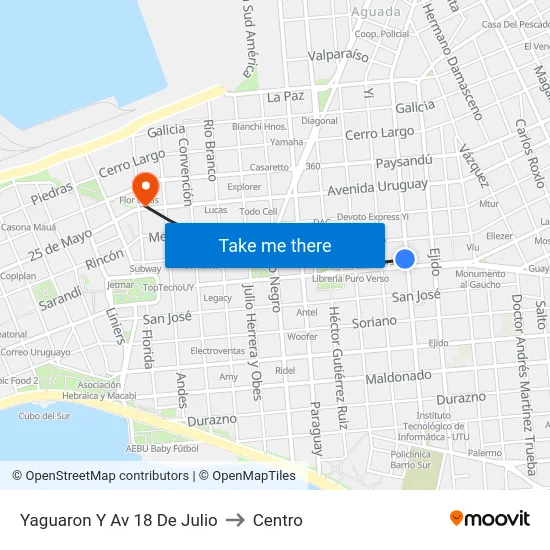 Yaguaron Y Av 18 De Julio to Centro map