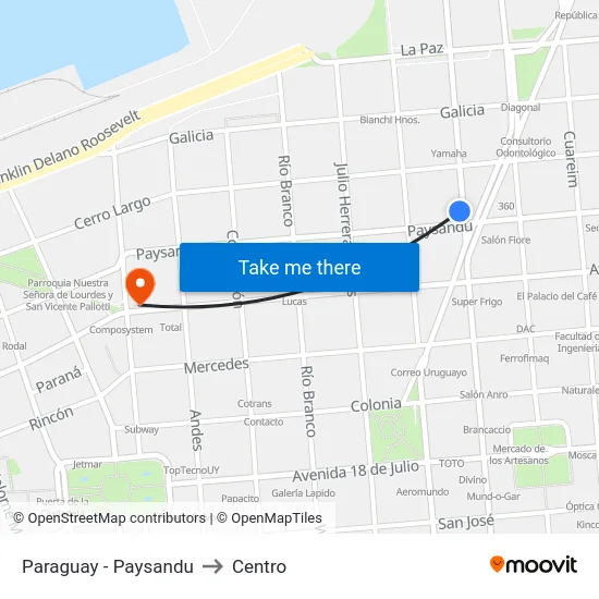 Paraguay - Paysandu to Centro map