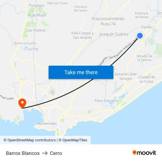 Barros Blancos to Cerro map