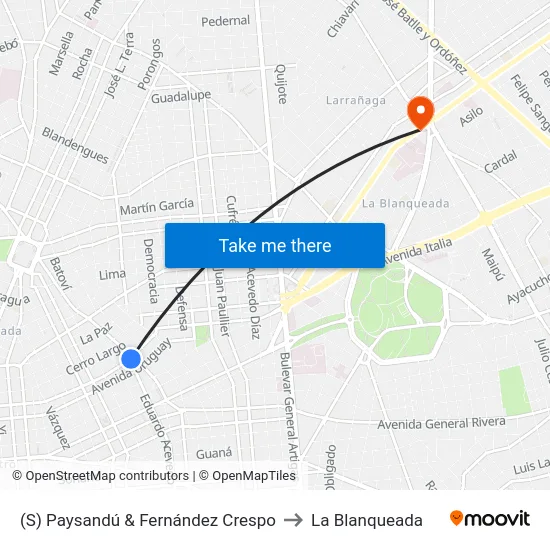(S) Paysandú & Fernández Crespo to La Blanqueada map