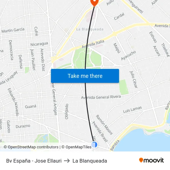 Bv España - Jose Ellauri to La Blanqueada map