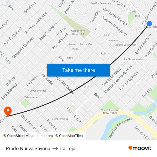 Prado Nueva Savona to La Teja map