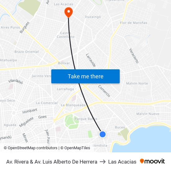 Av. Rivera & Av. Luis Alberto De Herrera to Las Acacias map