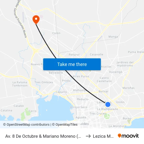 Av. 8 De Octubre & Mariano Moreno (H. Militar) to Lezica Melilla map