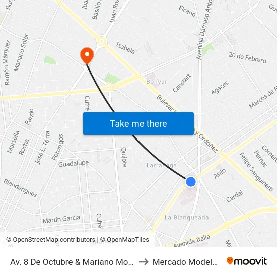 Av. 8 De Octubre & Mariano Moreno (H. Militar) to Mercado Modelo Y Bolivar map