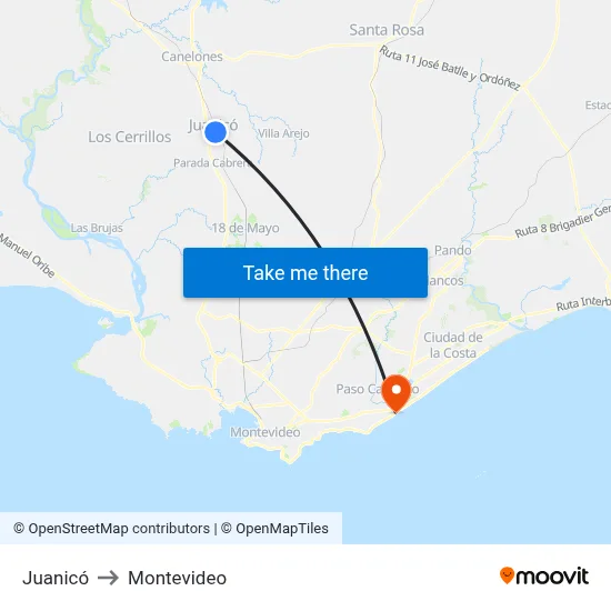 Juanicó to Montevideo map
