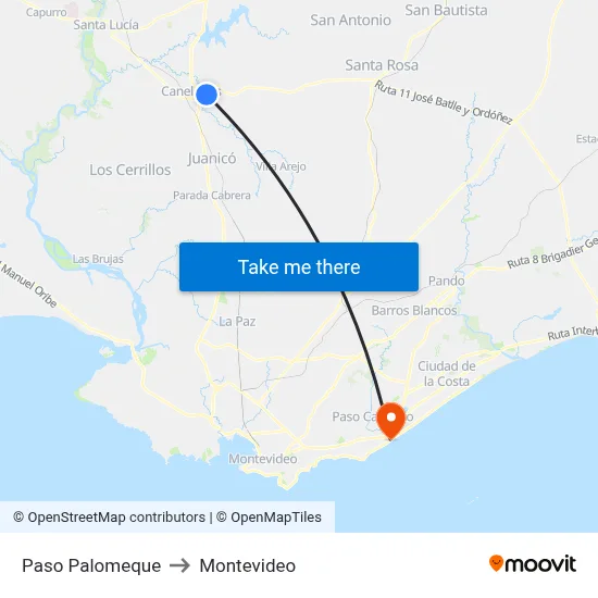 Paso Palomeque to Montevideo map
