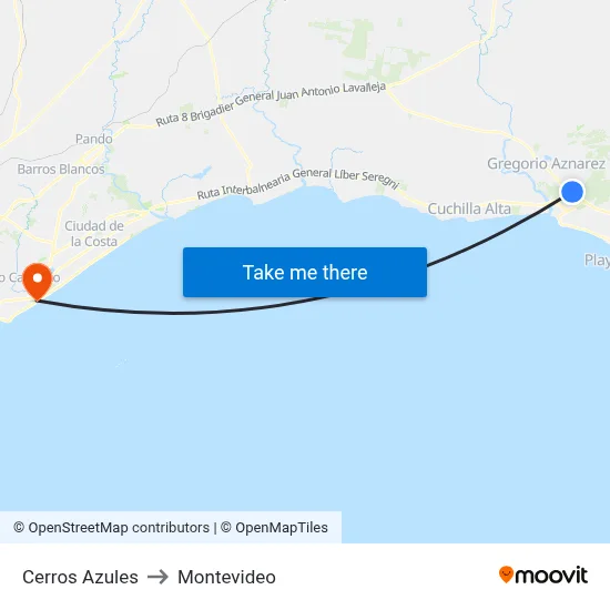 Cerros Azules to Montevideo map