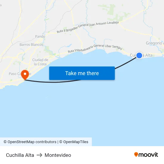 Cuchilla Alta to Montevideo map