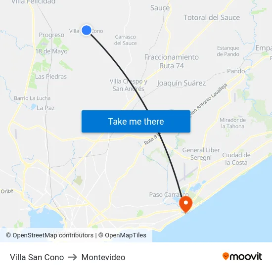 Villa San Cono to Montevideo map