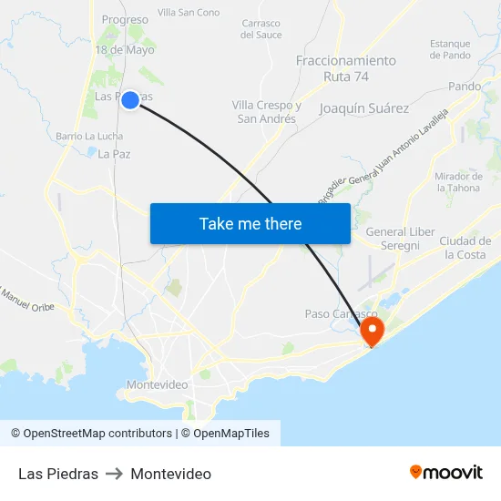 Las Piedras to Montevideo map