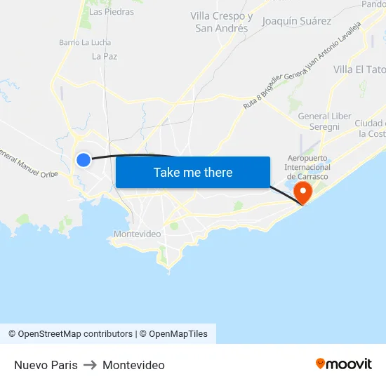 Nuevo Paris to Montevideo map