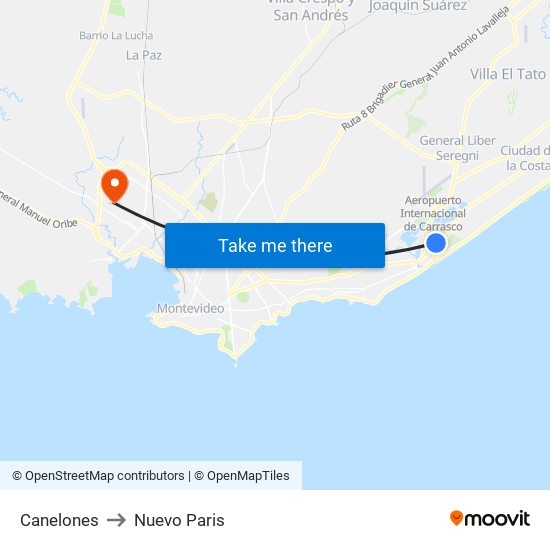Canelones to Nuevo Paris map
