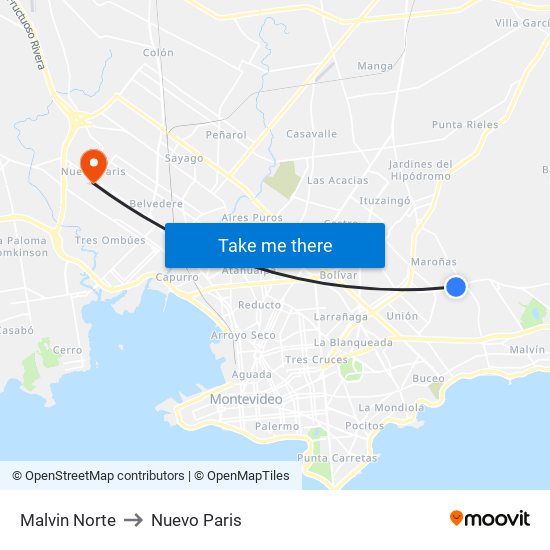 Malvin Norte to Nuevo Paris map