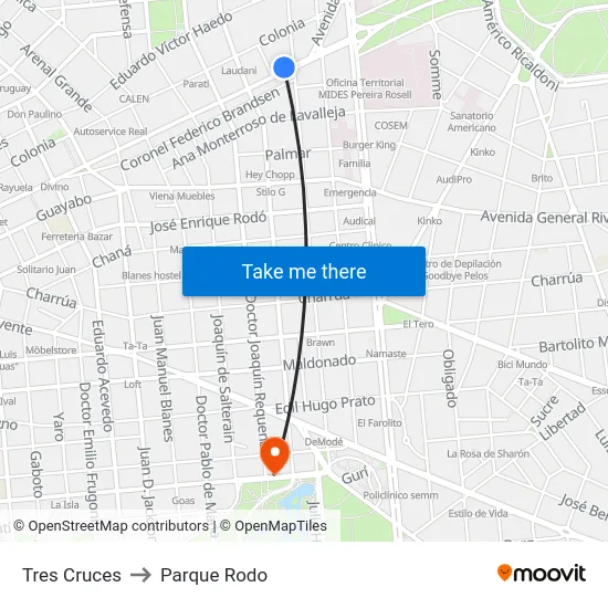 Tres Cruces to Parque Rodo map