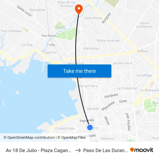 Av 18 De Julio - Plaza Cagancha to Paso De Las Duranas map